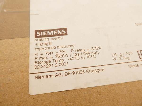 Siemens SINAMICS Bremswiderstand / 6SL3201-0BE21-8AA0 / 75Ohm /