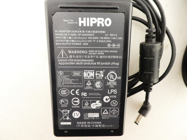 HIPRO AC-Adapter / Netzteil 100-230 VAC auf 12V DC bei 3,33A / HP-O2040D43