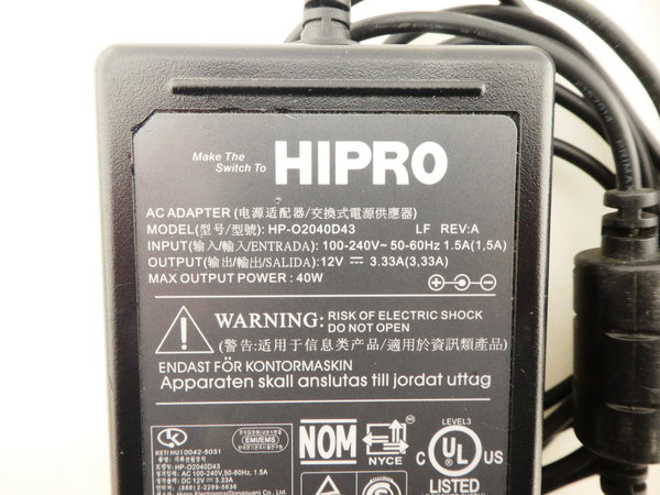 HIPRO AC-Adapter / Netzteil 100-230 VAC auf 12V DC bei 3,33A / HP-O2040D43
